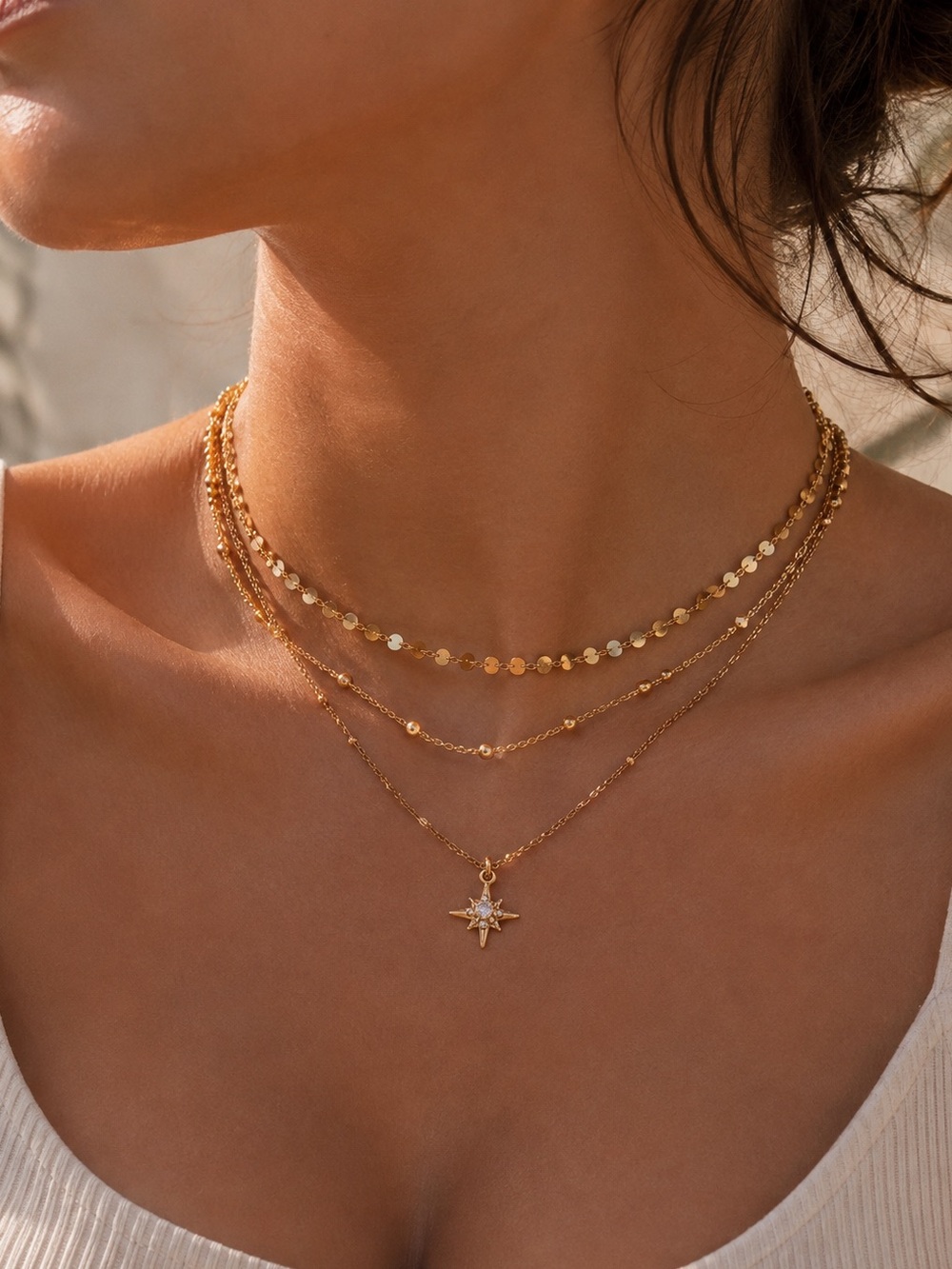 18K Gold Plated Layered Star Pendant Necklace